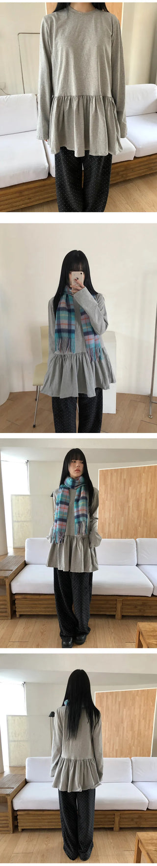 Cotton Shirred Long Sleeve Layered Dress Top