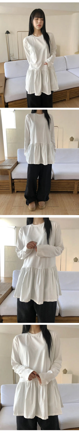 Cotton Shirred Long Sleeve Layered Dress Top