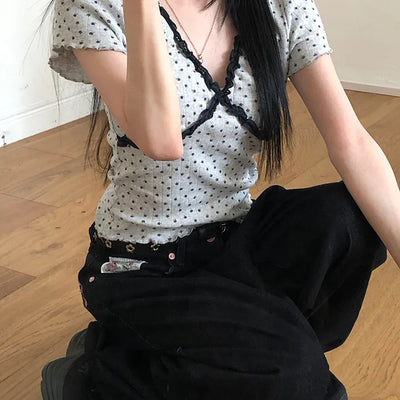 Black Lace Flower Short Sleeve T Shirt