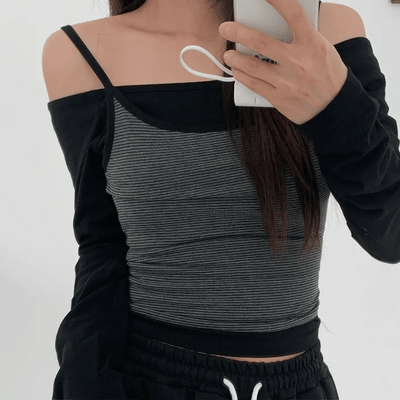 Cozy Off Shoulder Striped Sleeveless Set