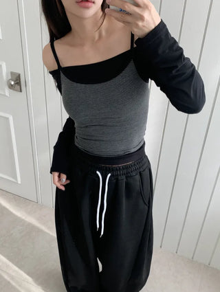 Cozy Off Shoulder Striped Sleeveless Set