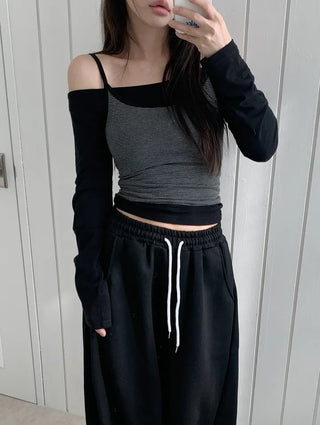 Cozy Off Shoulder Striped Sleeveless Set