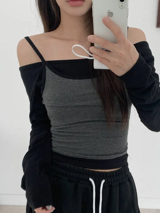 Cozy Off Shoulder Striped Sleeveless Set