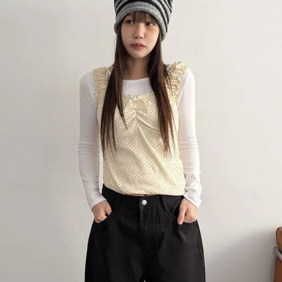 Wavy Shirred Layered Dot Sleeveless