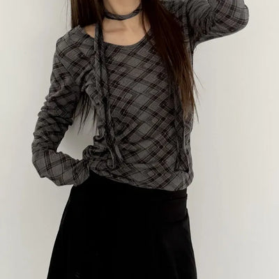 Check Waist Shirring T shirt & Scarf Set