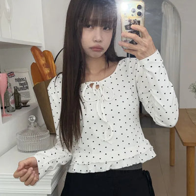 Semi Crop Dot Ribbon Frill T shirt