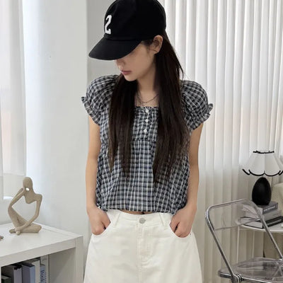 Crunchy Small Check Short Sleeve Blouse