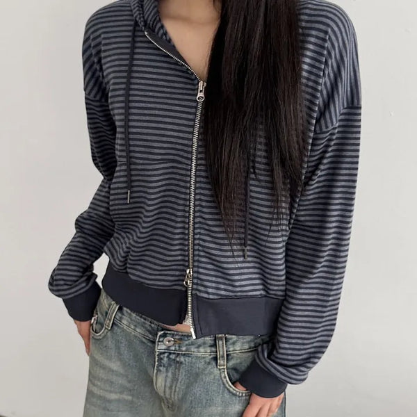 New Spring Arrival Toffee Soft Striped Zip Up Hoodie