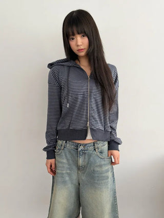 New Spring Arrival Toffee Soft Striped Zip Up Hoodie