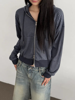 New Spring Arrival Toffee Soft Striped Zip Up Hoodie