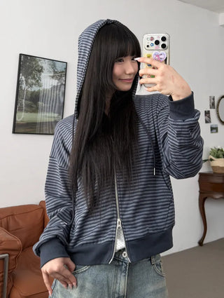 New Spring Arrival Toffee Soft Striped Zip Up Hoodie