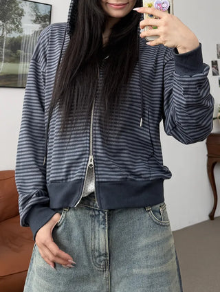 New Spring Arrival Toffee Soft Striped Zip Up Hoodie