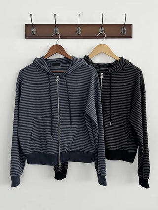 New Spring Arrival Toffee Soft Striped Zip Up Hoodie