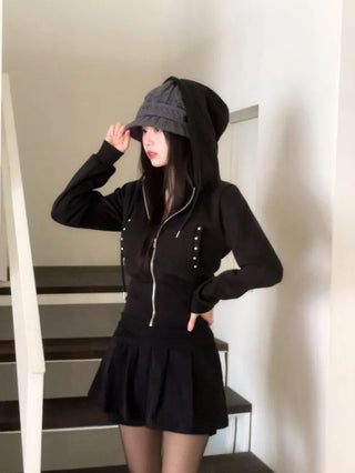 Kikimi Rivet Fleece Stud Wide Shibori Hooded Zip-Up