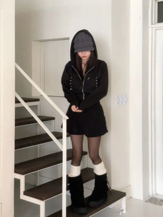 Kikimi Rivet Fleece Stud Wide Shibori Hooded Zip-Up