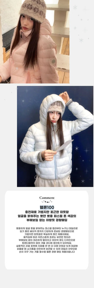 Snow candy pastel soft warm volume patch high neck zip-up hood string wellon lightweight padding
