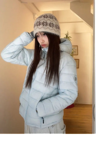 Snow candy pastel soft warm volume patch high neck zip-up hood string wellon lightweight padding