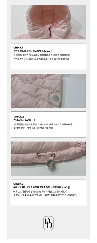 Snow candy pastel soft warm volume patch high neck zip-up hood string wellon lightweight padding