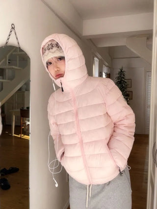 Snow candy pastel soft warm volume patch high neck zip-up hood string wellon lightweight padding