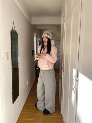 Snow candy pastel soft warm volume patch high neck zip-up hood string wellon lightweight padding