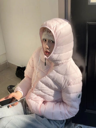 Snow candy pastel soft warm volume patch high neck zip-up hood string wellon lightweight padding