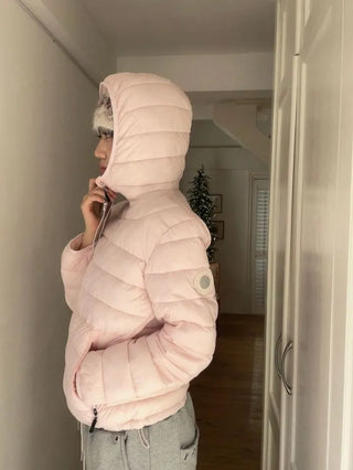 Snow candy pastel soft warm volume patch high neck zip-up hood string wellon lightweight padding