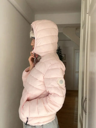 Snow candy pastel soft warm volume patch high neck zip-up hood string wellon lightweight padding