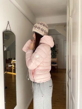 Snow candy pastel soft warm volume patch high neck zip-up hood string wellon lightweight padding
