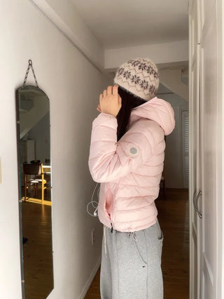 Snow candy pastel soft warm volume patch high neck zip-up hood string wellon lightweight padding