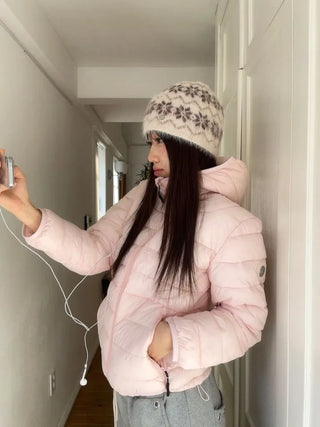 Snow candy pastel soft warm volume patch high neck zip-up hood string wellon lightweight padding