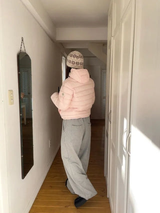 Snow candy pastel soft warm volume patch high neck zip-up hood string wellon lightweight padding