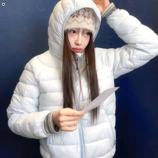 Snow candy pastel soft warm volume patch high neck zip-up hood string wellon lightweight padding