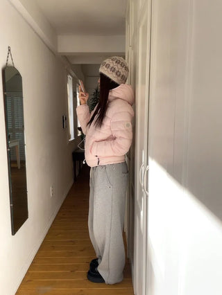 Snow candy pastel soft warm volume patch high neck zip-up hood string wellon lightweight padding