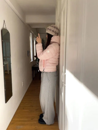 Snow candy pastel soft warm volume patch high neck zip-up hood string wellon lightweight padding