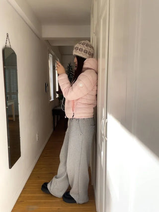 Snow candy pastel soft warm volume patch high neck zip-up hood string wellon lightweight padding