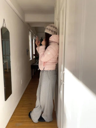 Snow candy pastel soft warm volume patch high neck zip-up hood string wellon lightweight padding
