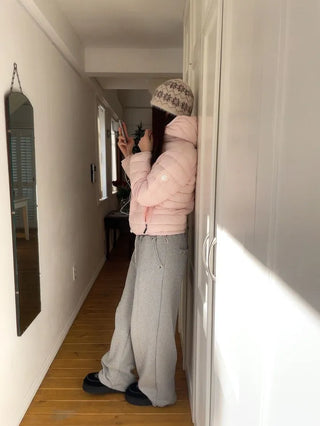 Snow candy pastel soft warm volume patch high neck zip-up hood string wellon lightweight padding