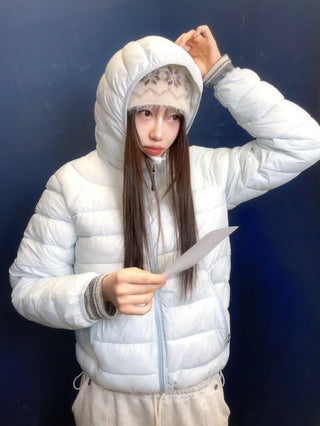 Snow candy pastel soft warm volume patch high neck zip-up hood string wellon lightweight padding