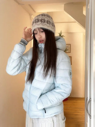Snow candy pastel soft warm volume patch high neck zip-up hood string wellon lightweight padding