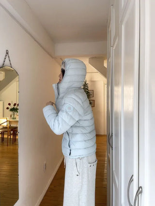 Snow candy pastel soft warm volume patch high neck zip-up hood string wellon lightweight padding