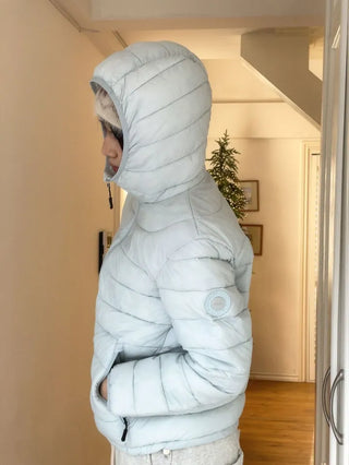 Snow candy pastel soft warm volume patch high neck zip-up hood string wellon lightweight padding