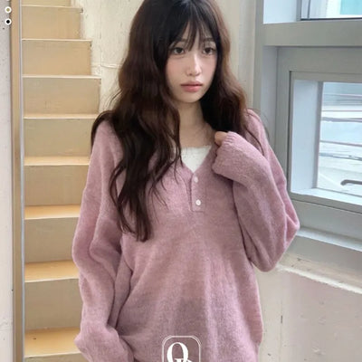 Iver Yeri Loose Fit Button V-Neck Alpaca Wool Knit