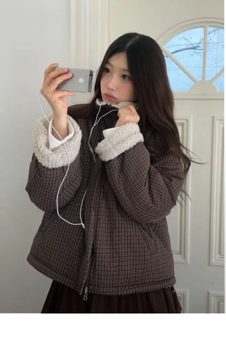 Breeze Latte two-tone check fleece high-neck collar neck two-way loose-fit padded jumper