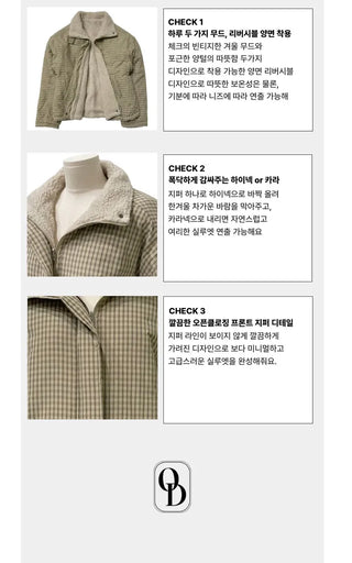 Breeze Latte two-tone check fleece high-neck collar neck two-way loose-fit padded jumper