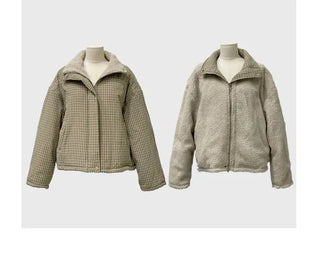 Breeze Latte two-tone check fleece high-neck collar neck two-way loose-fit padded jumper