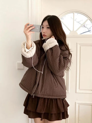 Breeze Latte two-tone check fleece high-neck collar neck two-way loose-fit padded jumper