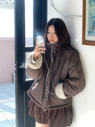 Breeze Latte two-tone check fleece high-neck collar neck two-way loose-fit padded jumper