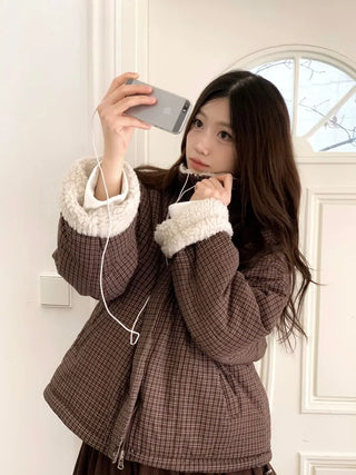 Breeze Latte two-tone check fleece high-neck collar neck two-way loose-fit padded jumper