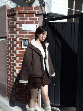 Breeze Latte two-tone check fleece high-neck collar neck two-way loose-fit padded jumper