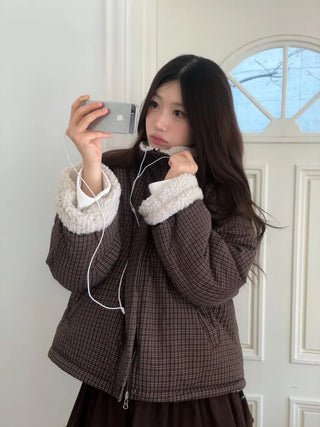 Breeze Latte two-tone check fleece high-neck collar neck two-way loose-fit padded jumper